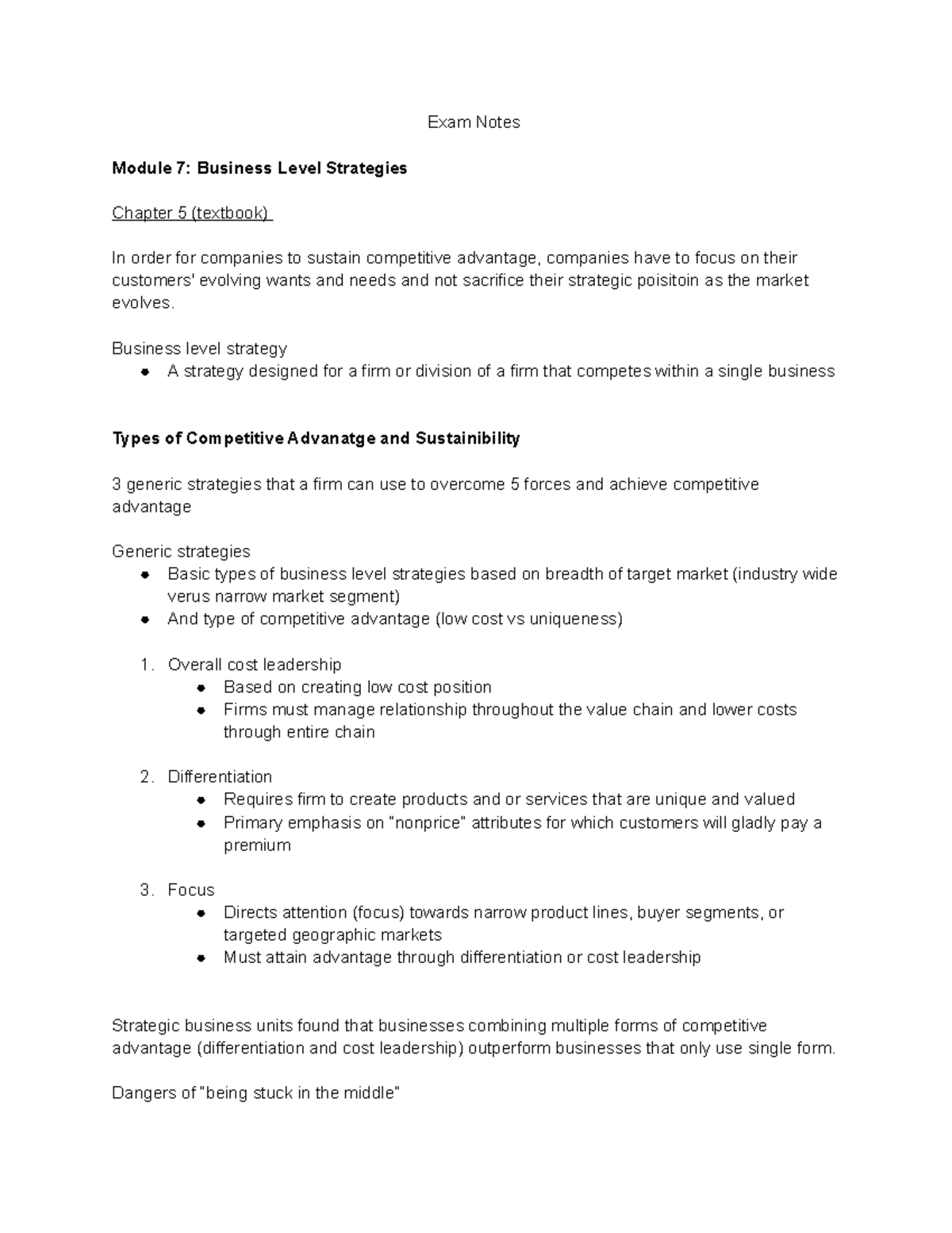 Chapter 5 And 6 Textbook Notes - Exam Notes Module 7: Business Level ...