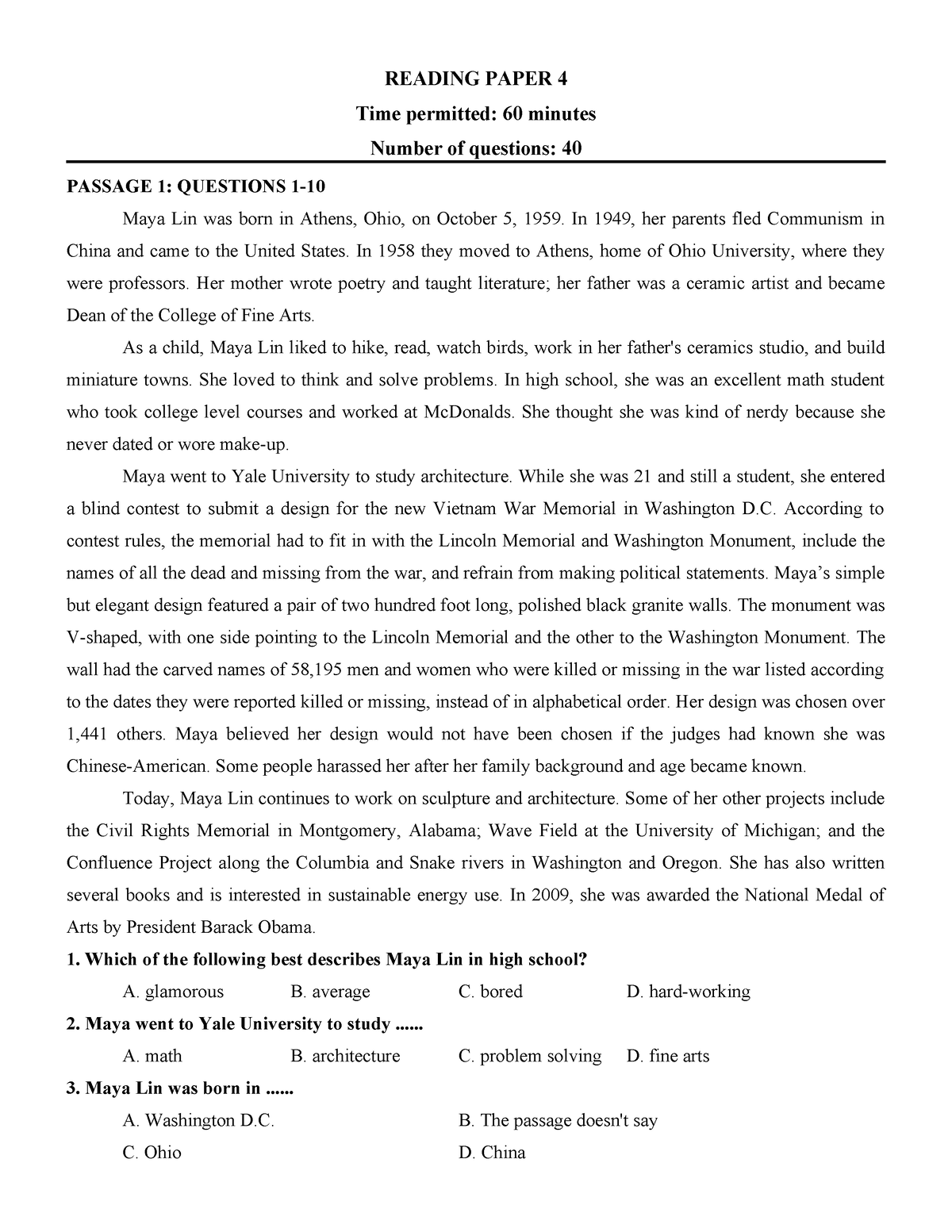 Reading-test-4 - Reading VSTEP - READING PAPER 4 Time permitted: 60 ...