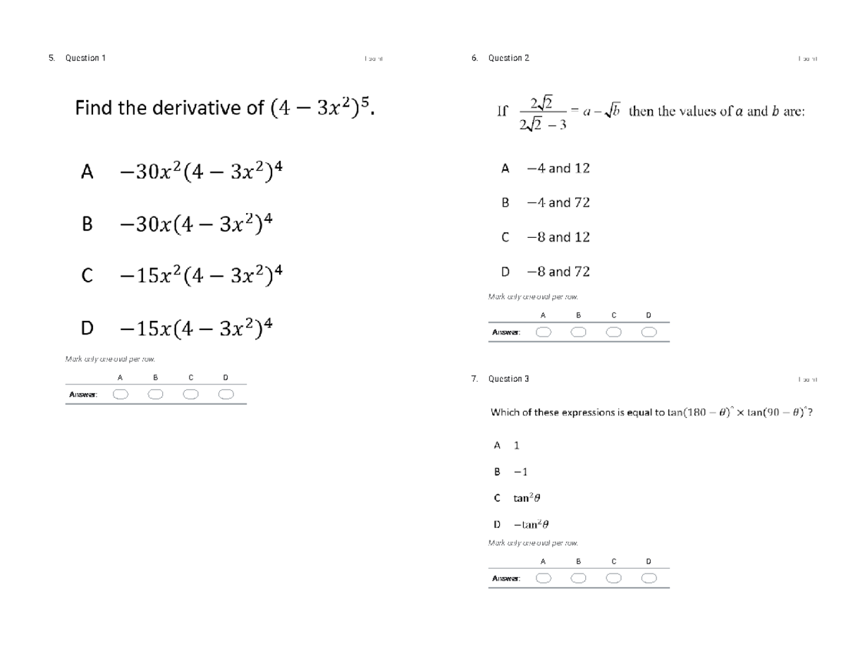 2021 YR 11 Task 3 - math paper - 5. 1 point Mark only one oval per row ...