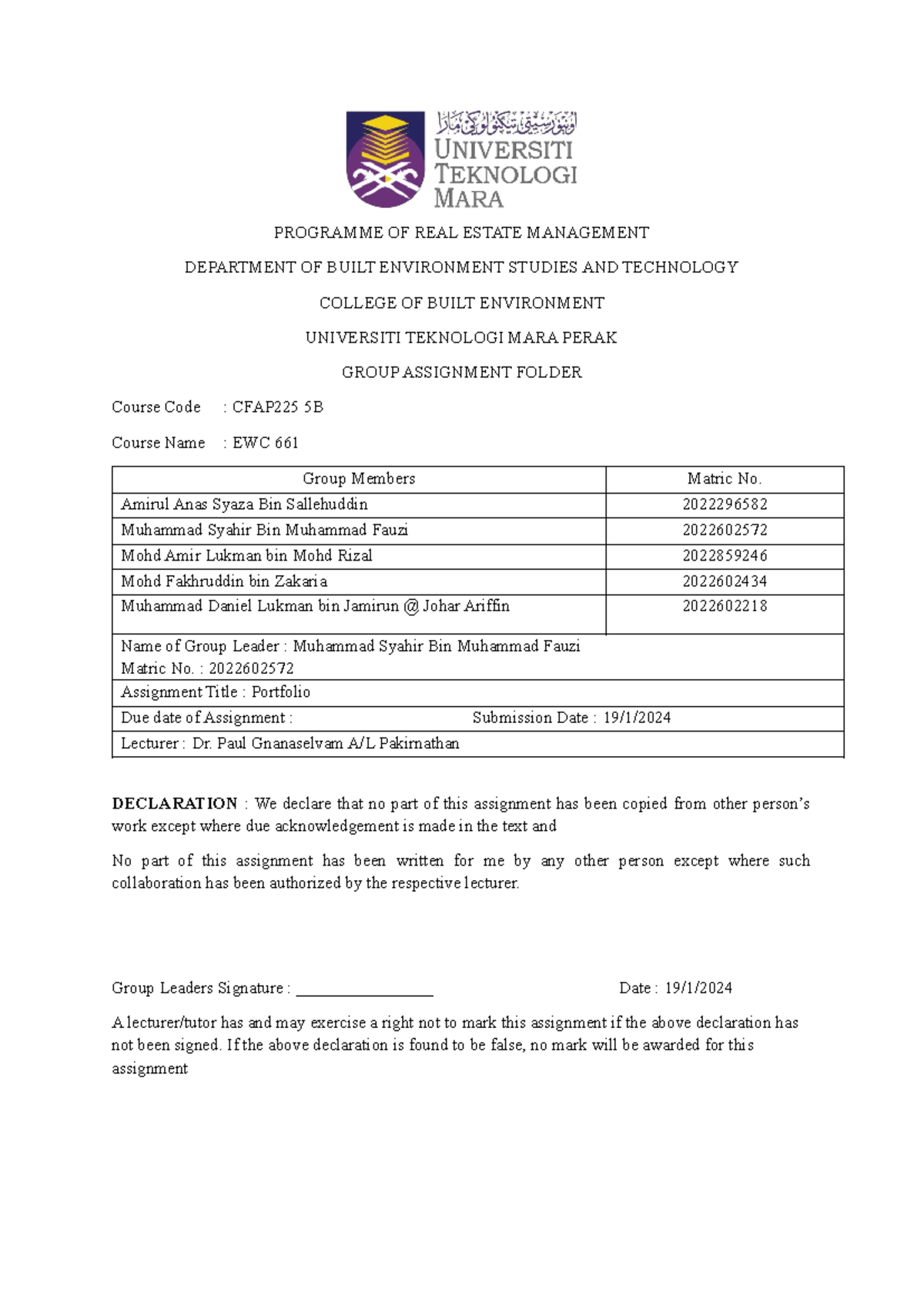 EWC661 Portfolio Final Draft - PROGRAMME OF REAL ESTATE MANAGEMENT ...