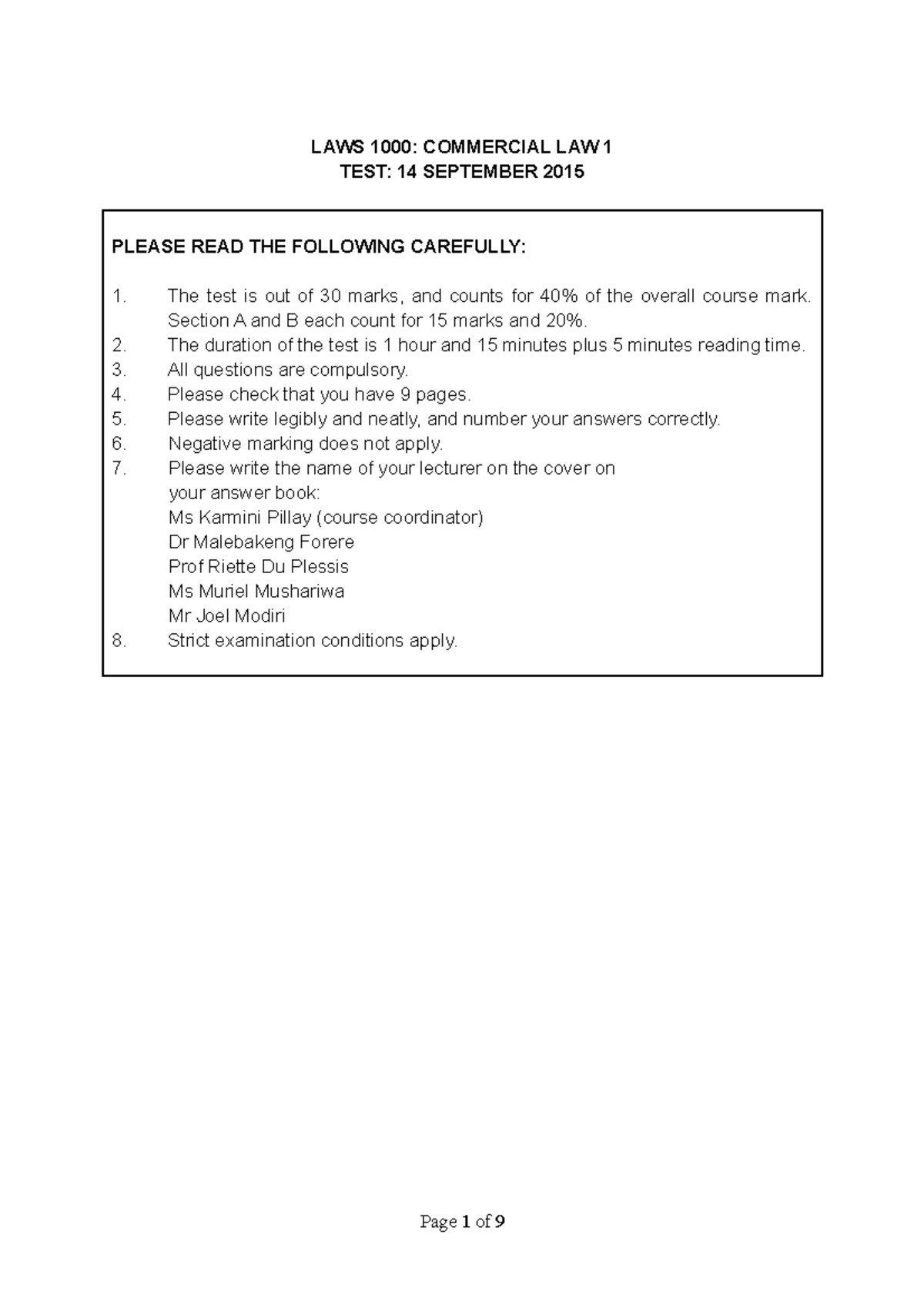 LAWS 1000TEST 2015 wits LAWS 1000 COMMERCIAL LAW 1 TEST 14