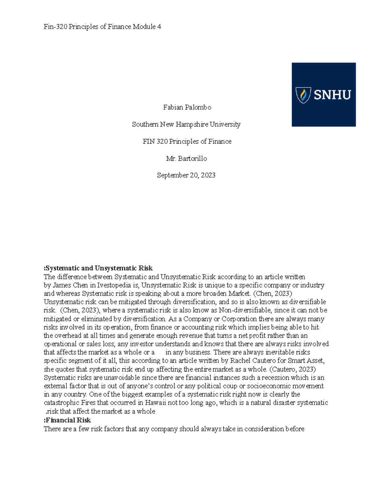 Fin 320 Module 4 - Fabian Palombo Southern New Hampshire University FIN 320 Principles Of ...