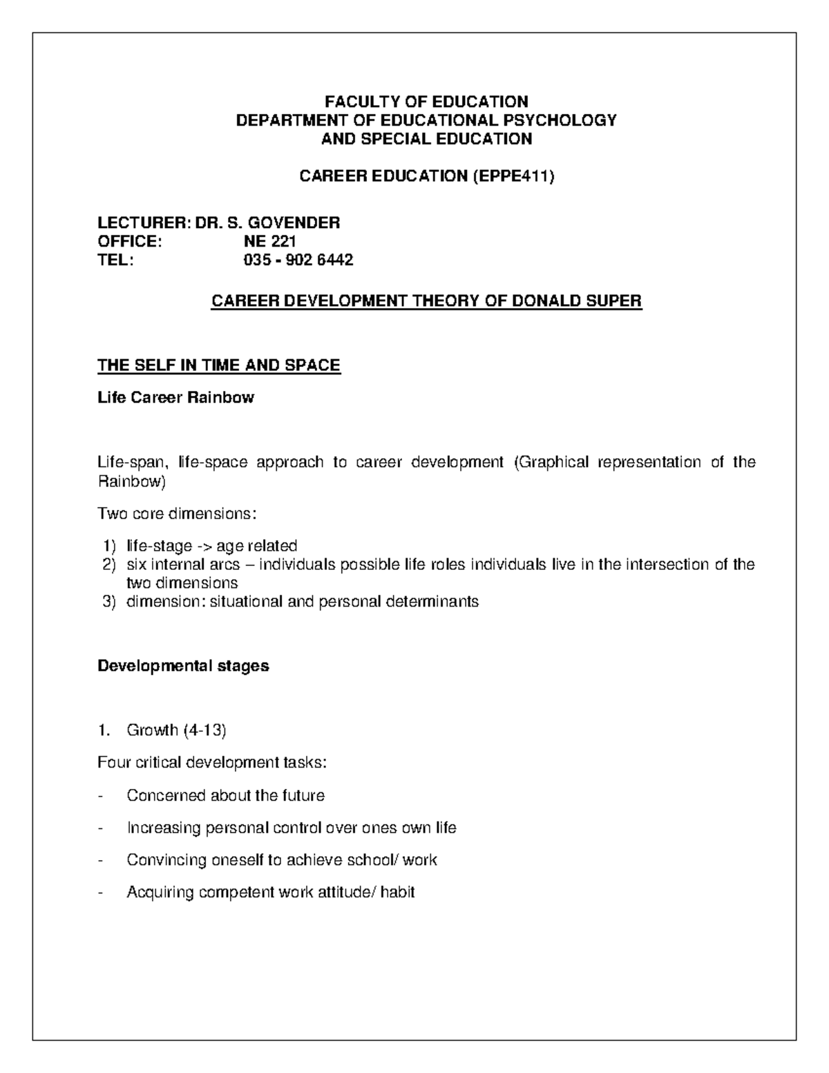 Chapter 5 Life Career Rainbow Donald super - FACULTY OF EDUCATION ...