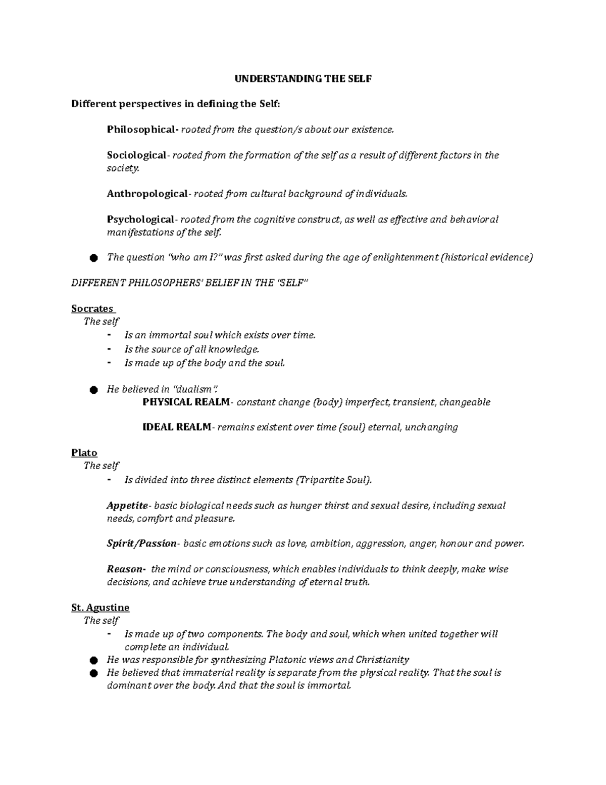 Understanding THE SELF Notes - UNDERSTANDING THE SELF Different ...