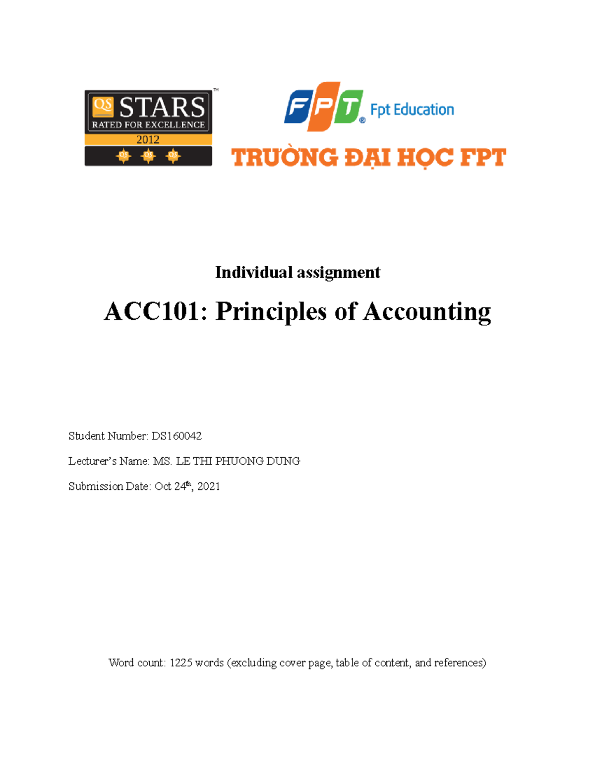 Individual Assignment - Individual Assignment ACC101: Principles Of ...