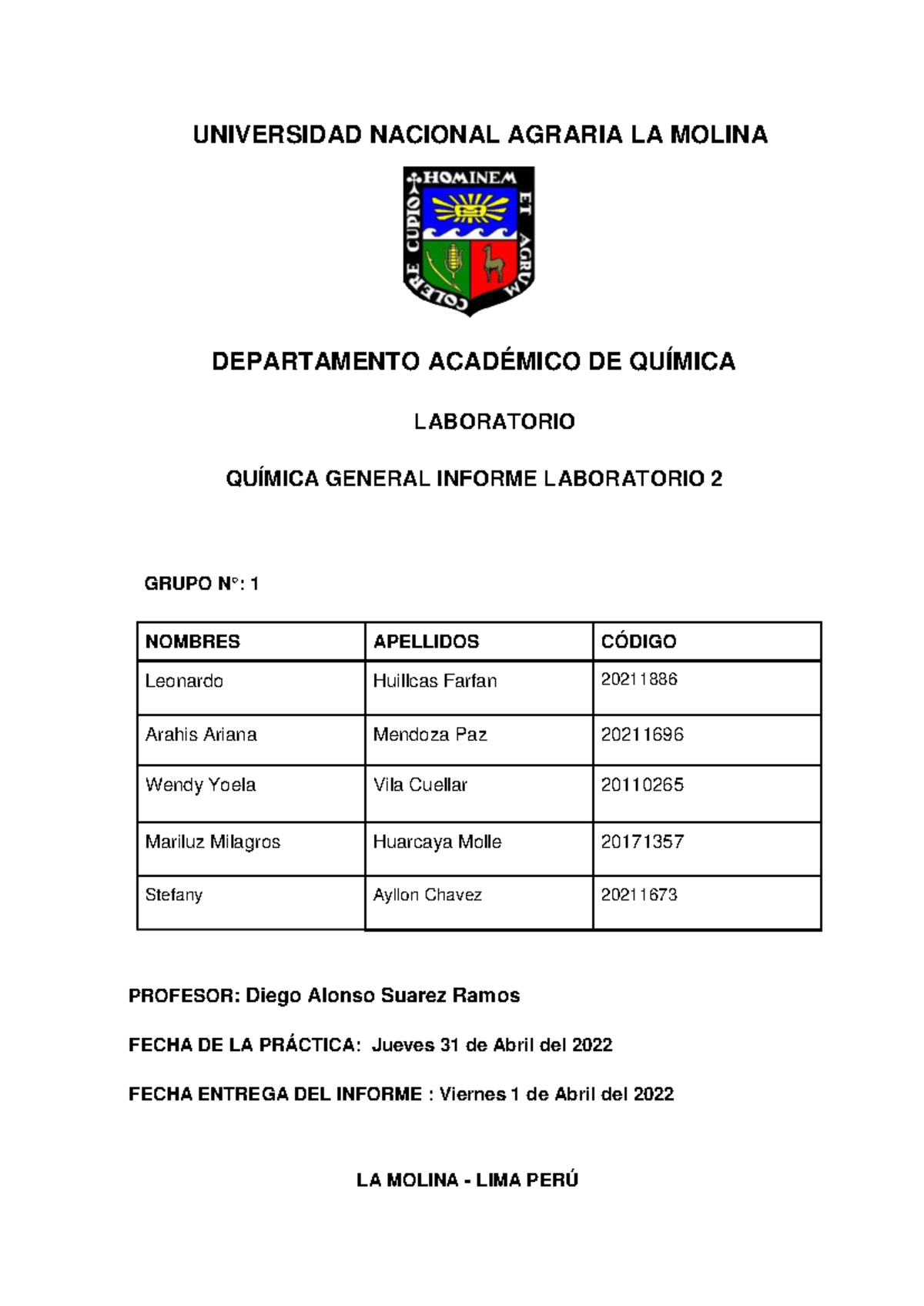 Reporte 2 Laboratorio De Quimica General Unalm Química General