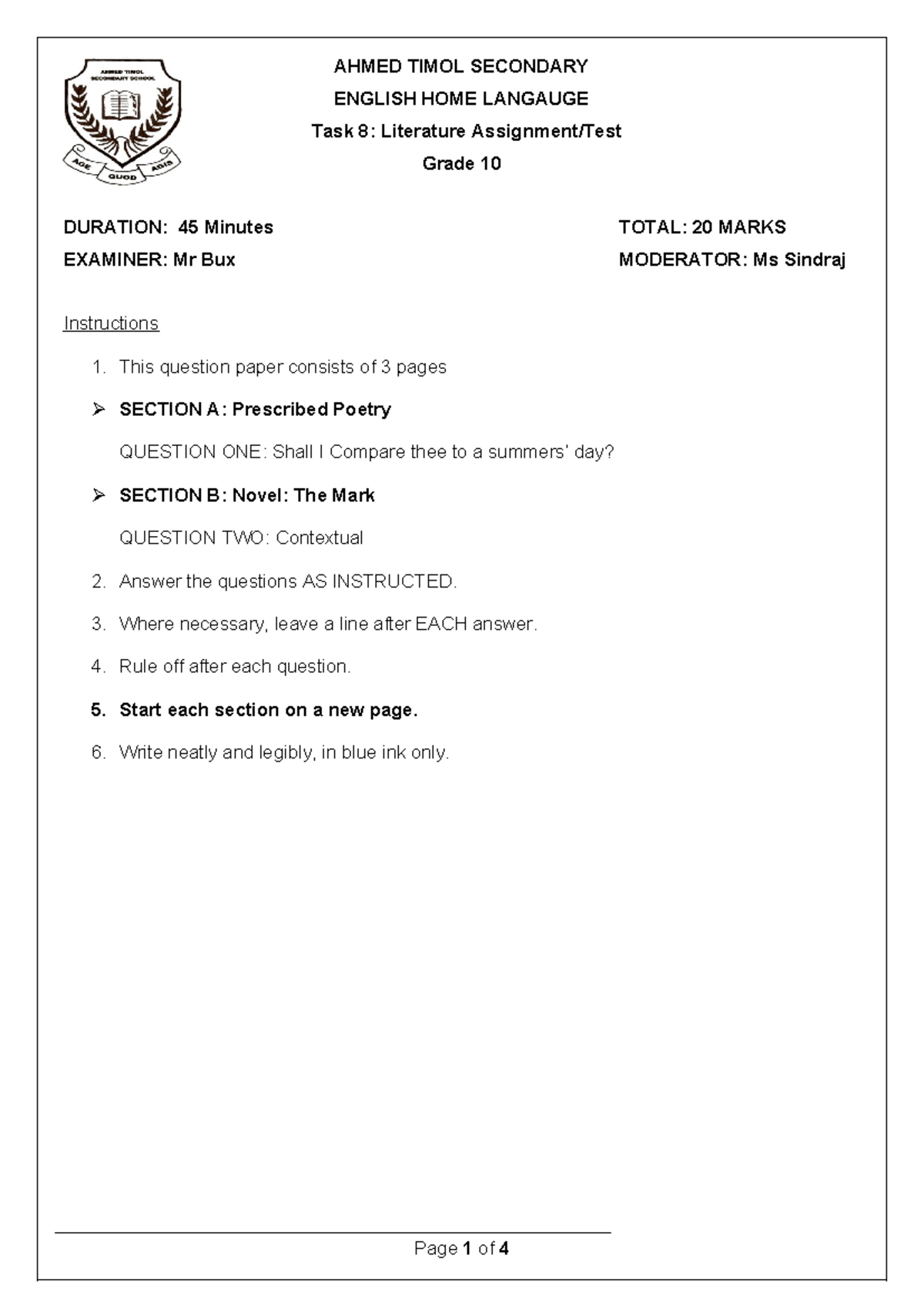 TERM 3 GR 10 LIT past question paper AHMED TIMOL SECONDARY ENGLISH