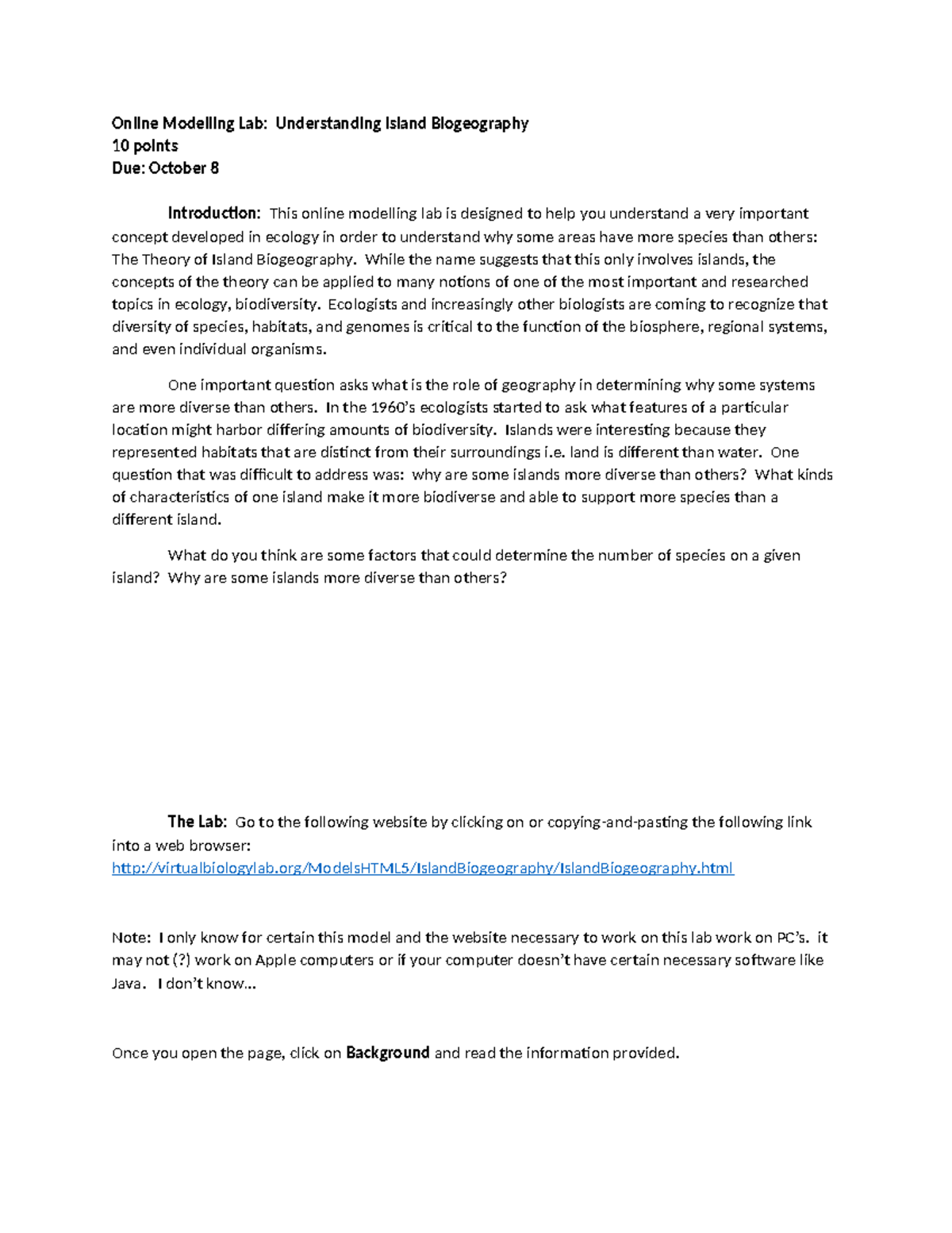 Island biogeography lab Online Modelling Lab Understanding Island