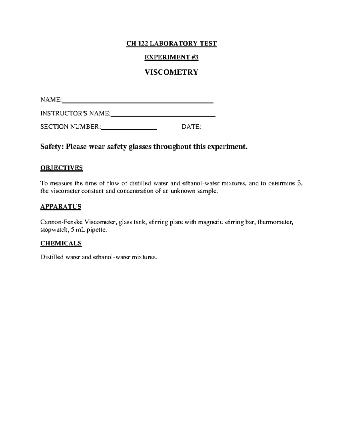 CH122_Lab_Experiment3 - CH 122 LABORATORY TEST EXPERIMENT VISCOMETRY ...