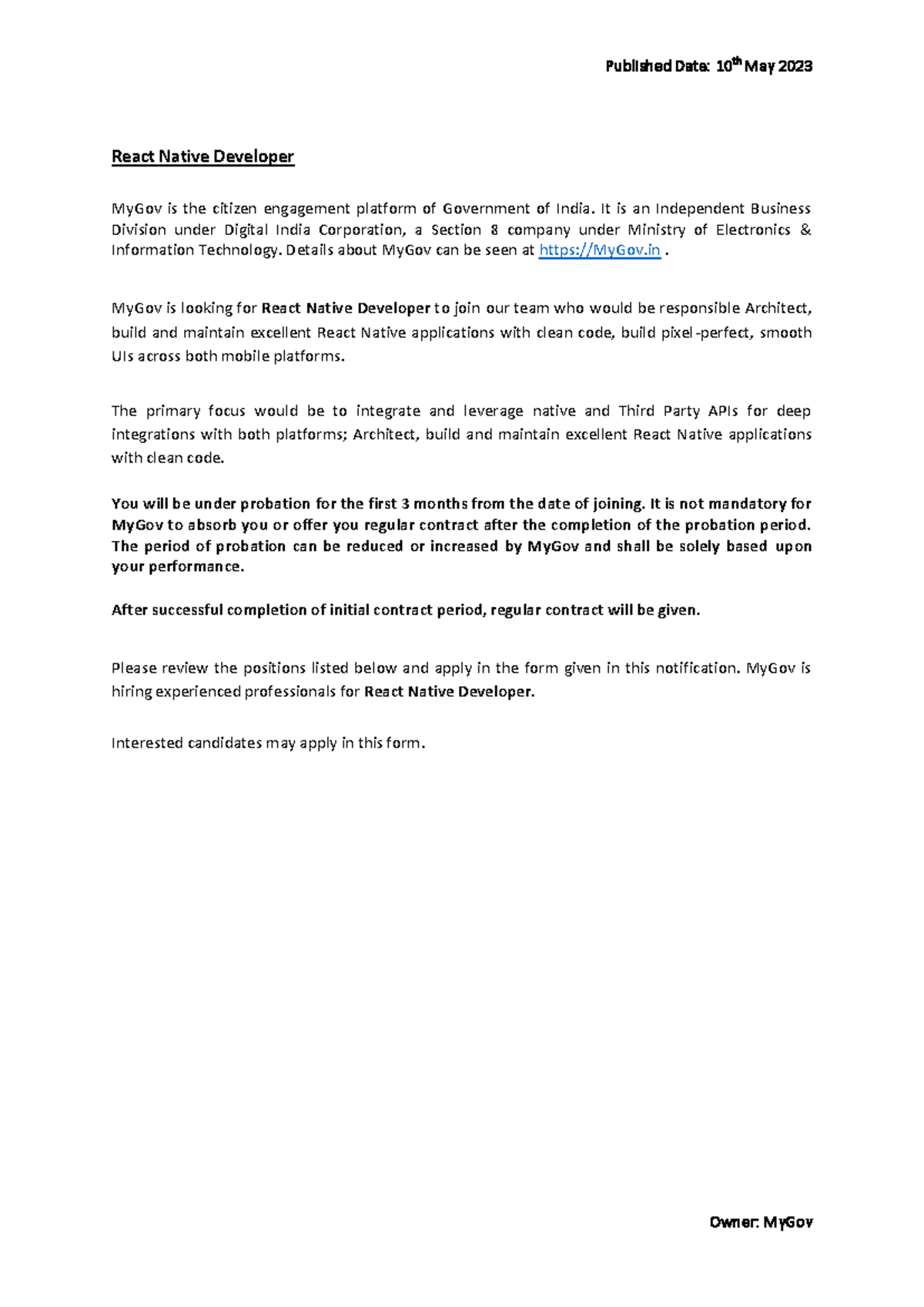 Mygov 168371869597519711 - Published Date: 10 th May 2023 Owner: MyGov ...