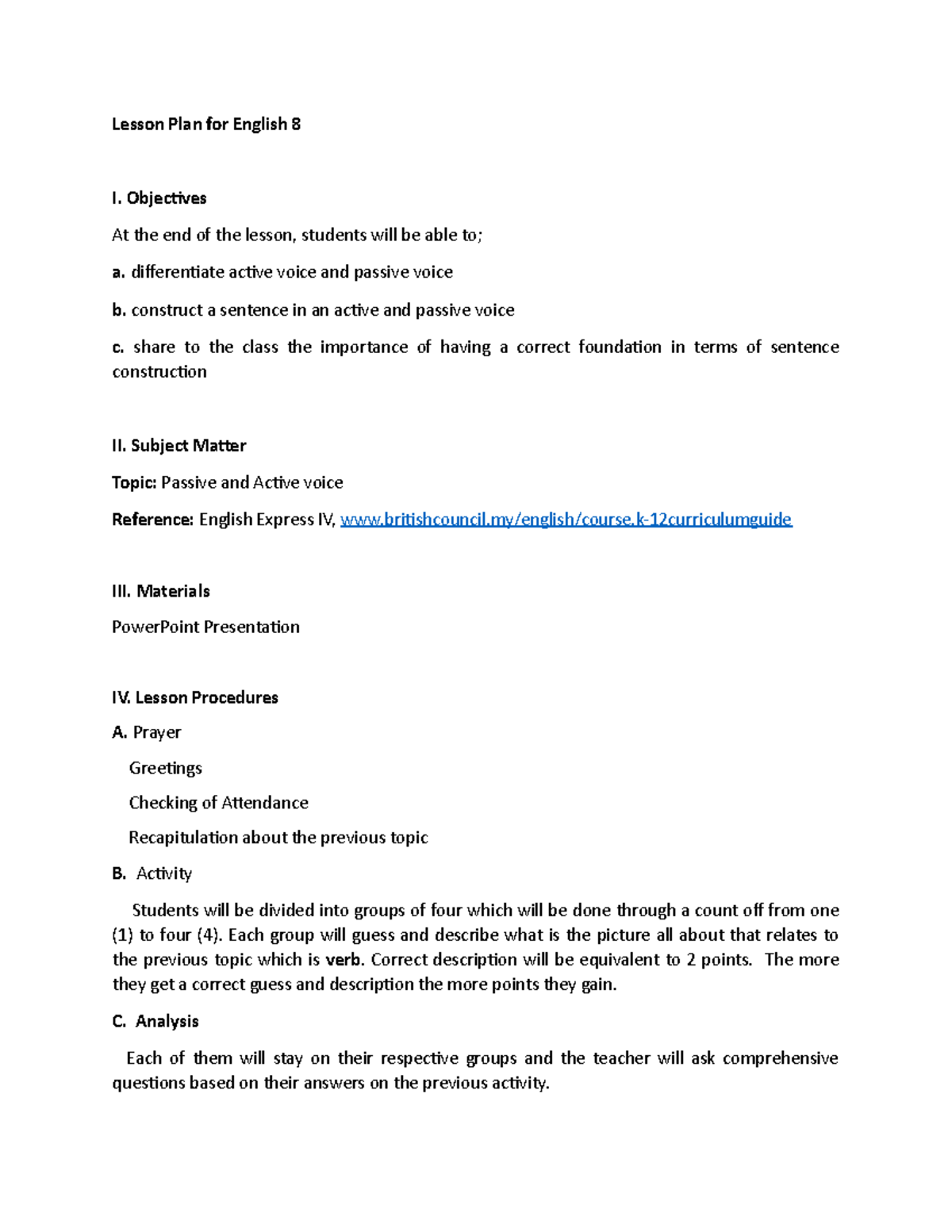 SEMI Detailed Lesson PLA Passive and Active Voice Lesson Plan for