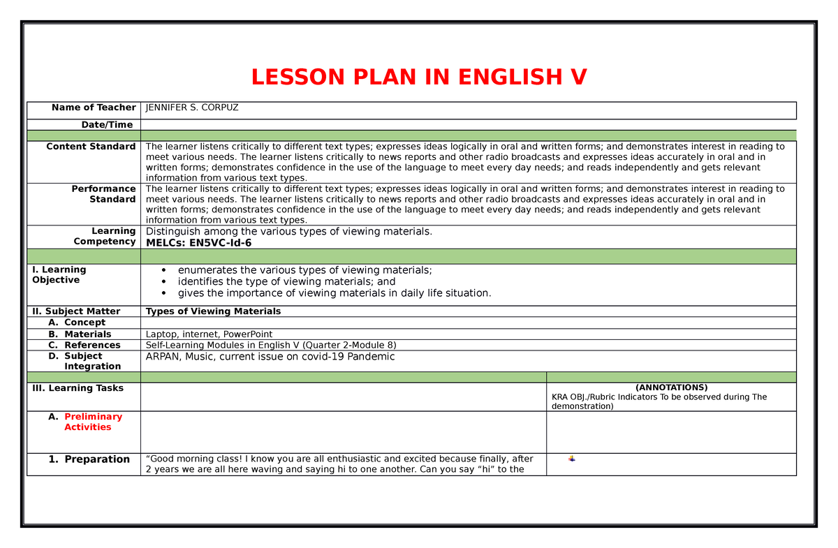 Lesson Plan English 5 First C Lesson Plan In English V Name Of Teacher Jennifer S Corpuz