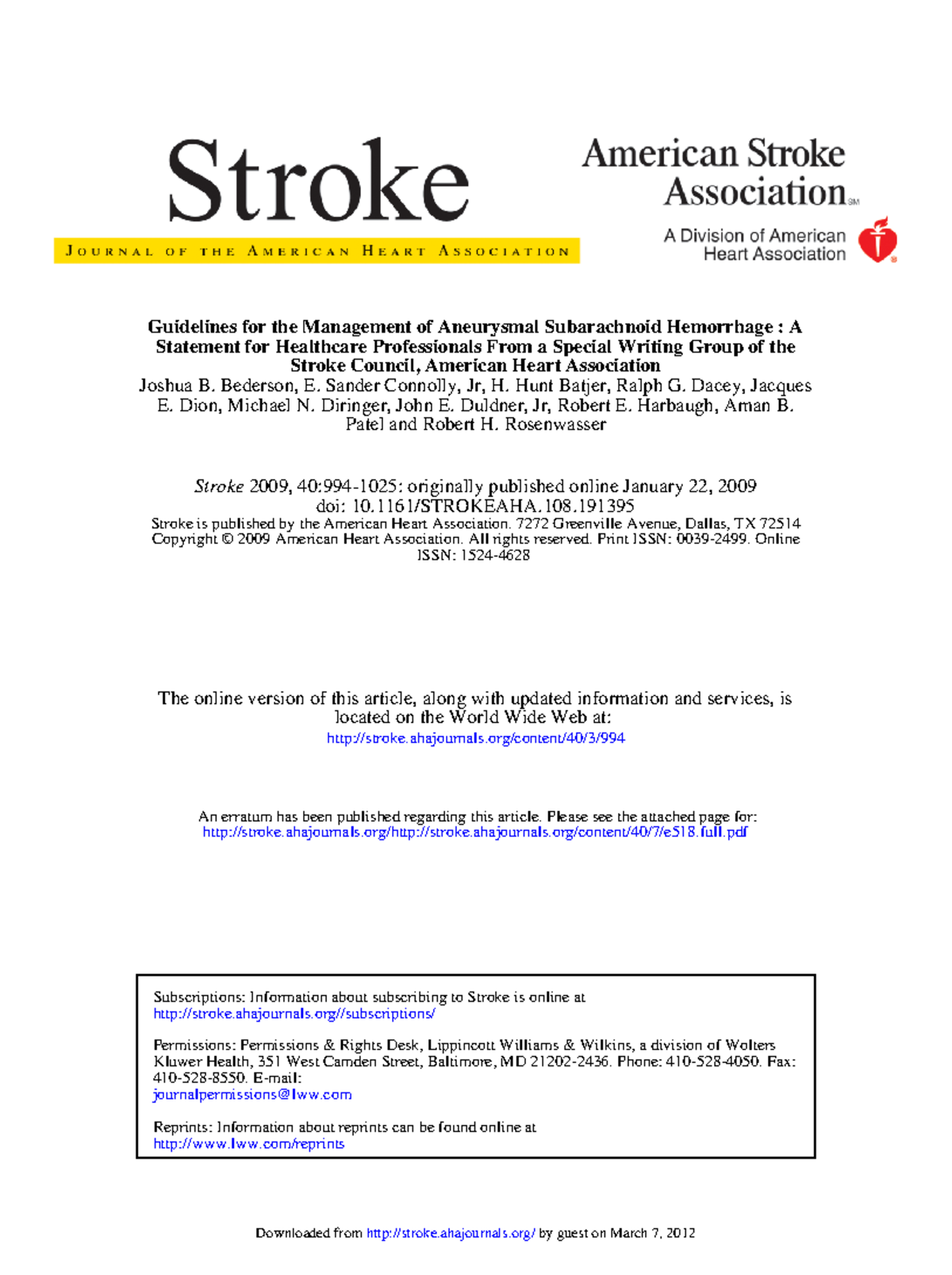 Guidelines for the Management of Aneurysmal Subarachnoid Hemorrhage ...
