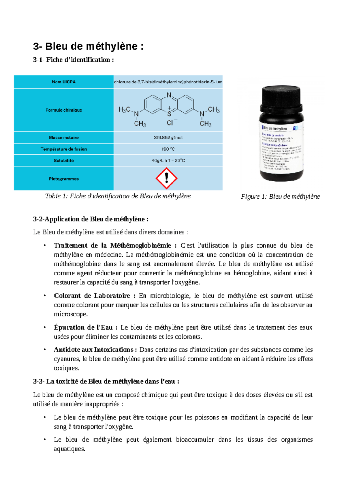 BLEU DE Methylene - Summary Chimie organique - 3- Bleu de méthylène : 3 ...