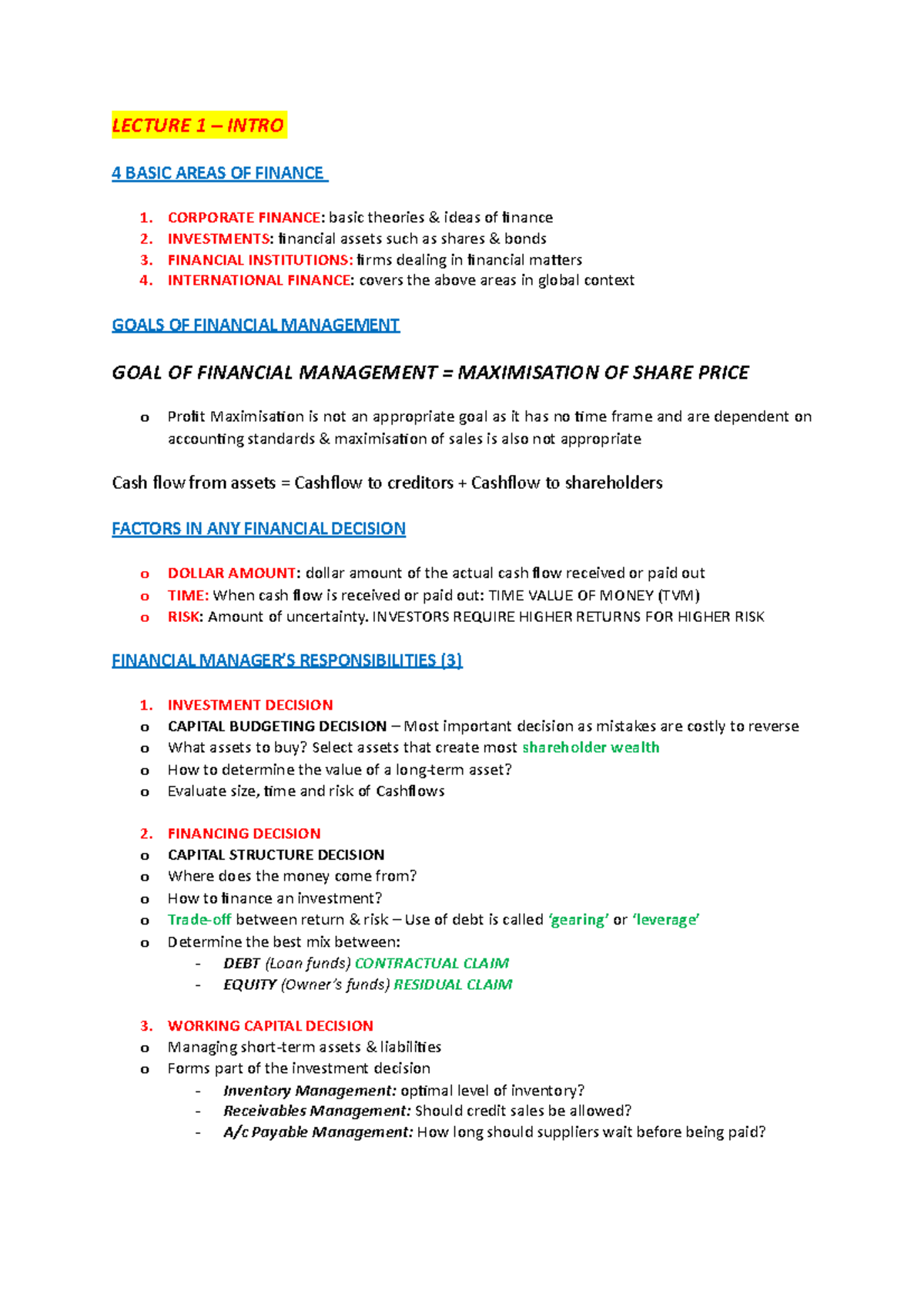 Finance Lecture Notes - LECTURE 1 – INTRO 4 BASIC AREAS OF FINANCE 1 ...