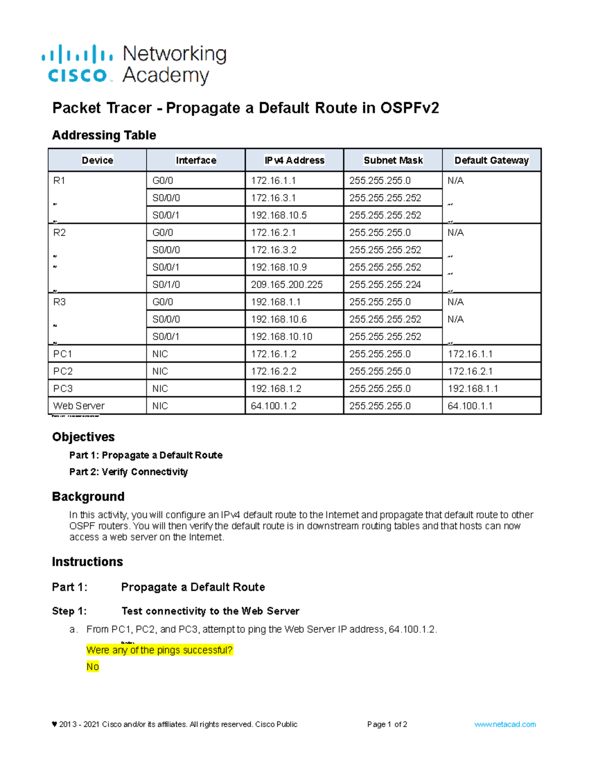 2.5.3 Packet Tracer - Propagate A Default Route In OSPFv 2 - Packet ...