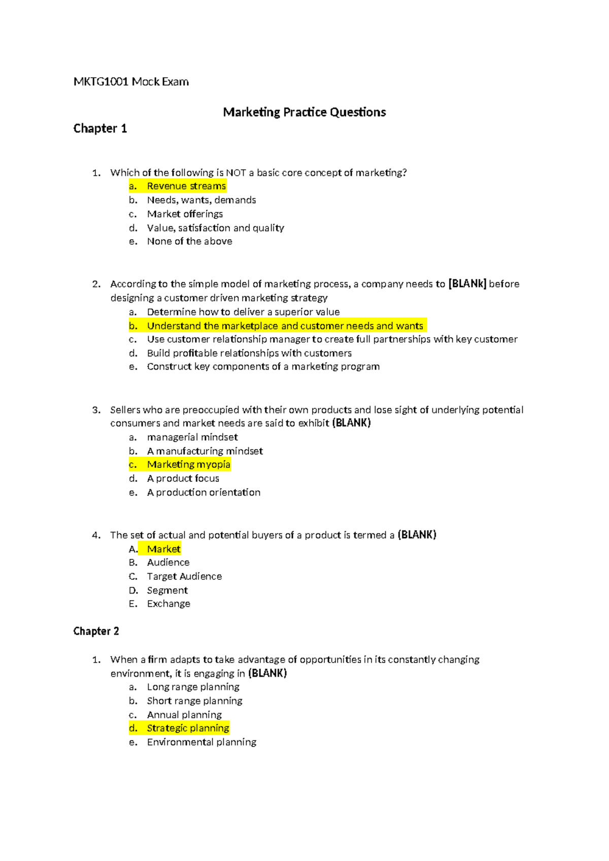MKTG1001 Mock Exam - MKTG1001 Mock Exam Marketing Practice Questions ...