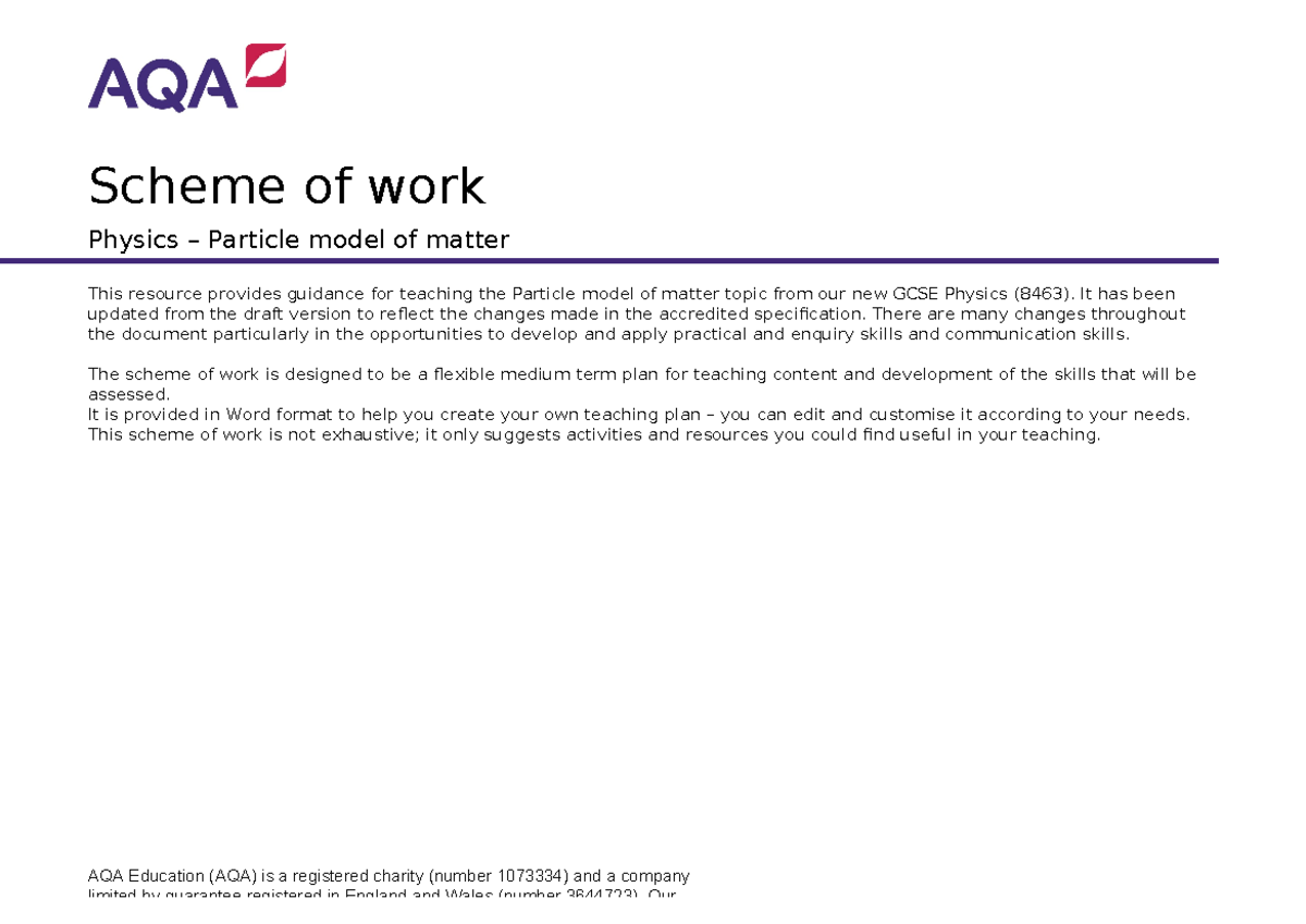 AQA 8463 SOW Matter - Aqa 8463 - Scheme Of Work Physics – Particle ...