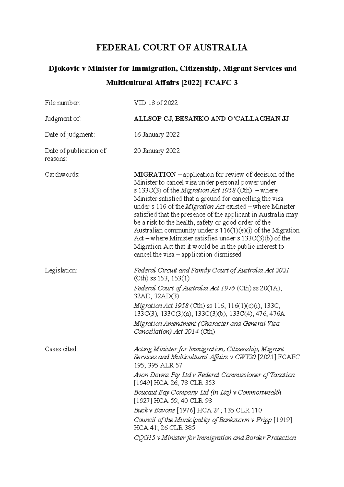 Djokovic 2022 Fcafc 0003 - FEDERAL COURT OF AUSTRALIA Djokovic v ...