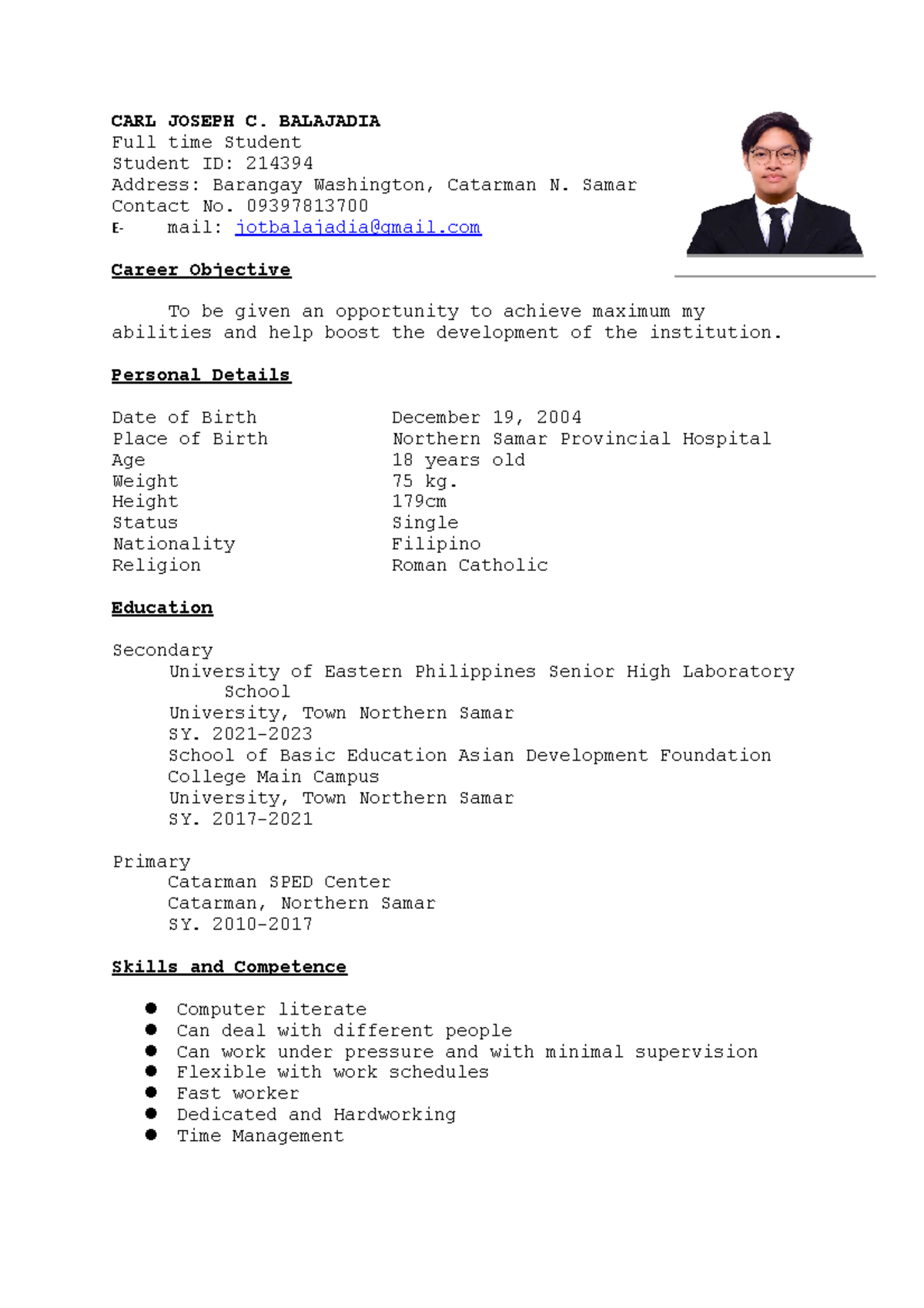 CARL Joseph C Resume - CARL JOSEPH C. BALAJADIA Full time Student ...