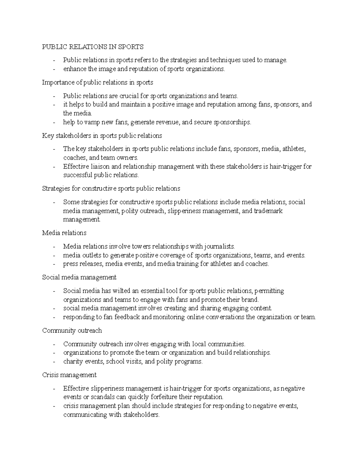 Public Relations IN Sports Notes 1 PUBLIC RELATIONS IN SPORTS Public