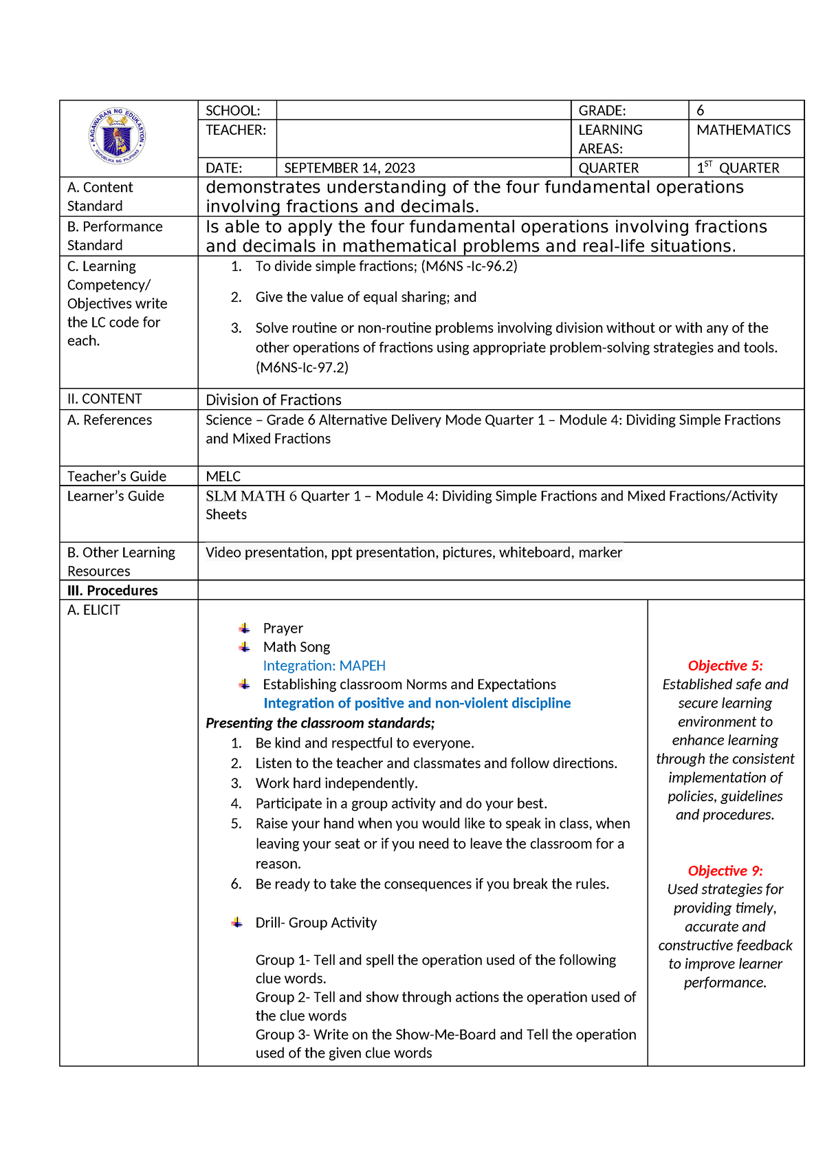 Classroom observation - SCHOOL: GRADE: 6 TEACHER: LEARNING AREAS ...