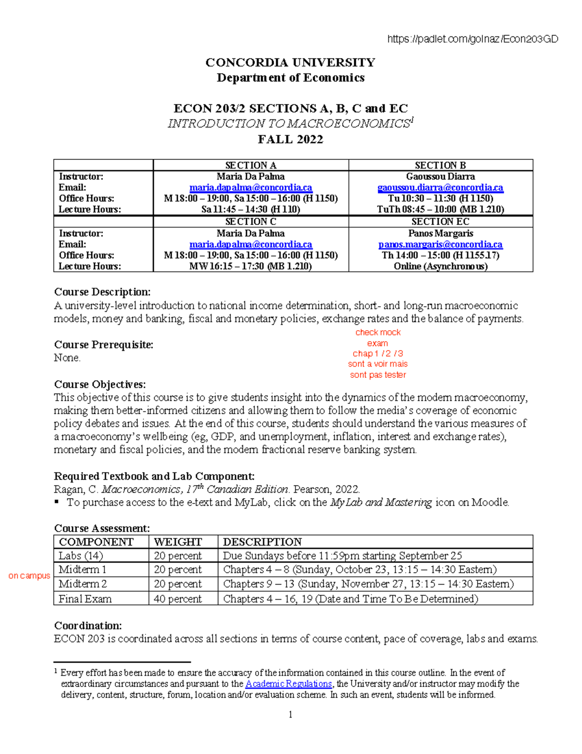 Outline CONCORDIA UNIVERSITY Department of Economics ECON 203/2