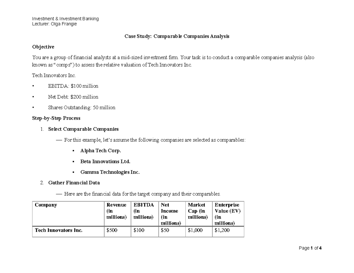 Case Study CCA week 4 - Lecturer: Olga Frangie Case Study: Comparable ...