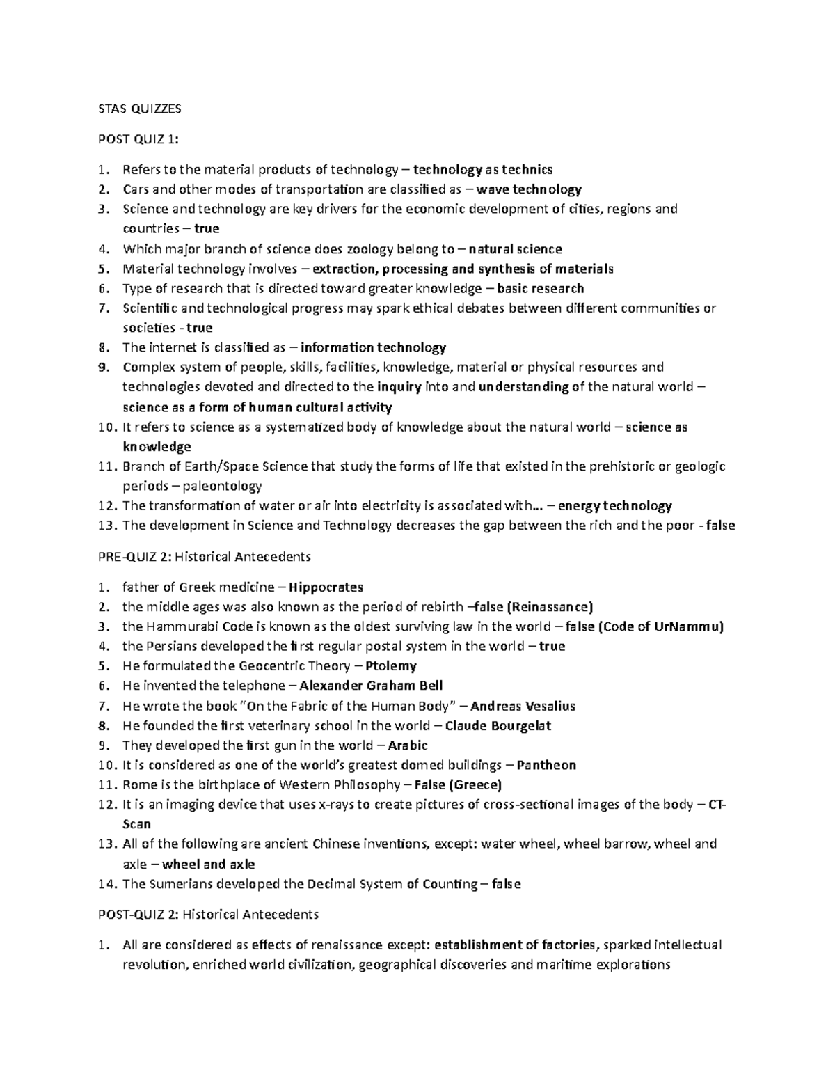 STAS Quizzes - STAS QUIZZES POST QUIZ 1: Refers to the material ...