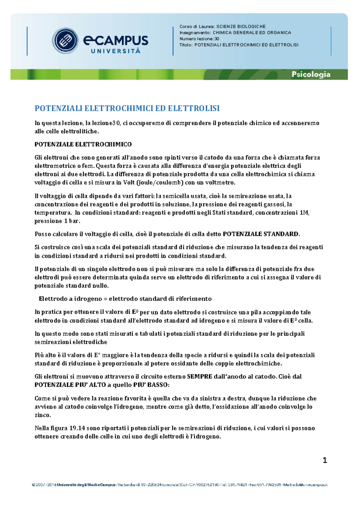 Potenziali elettrochimici e elettrolisi - Insegnamento: CHIMICA ...