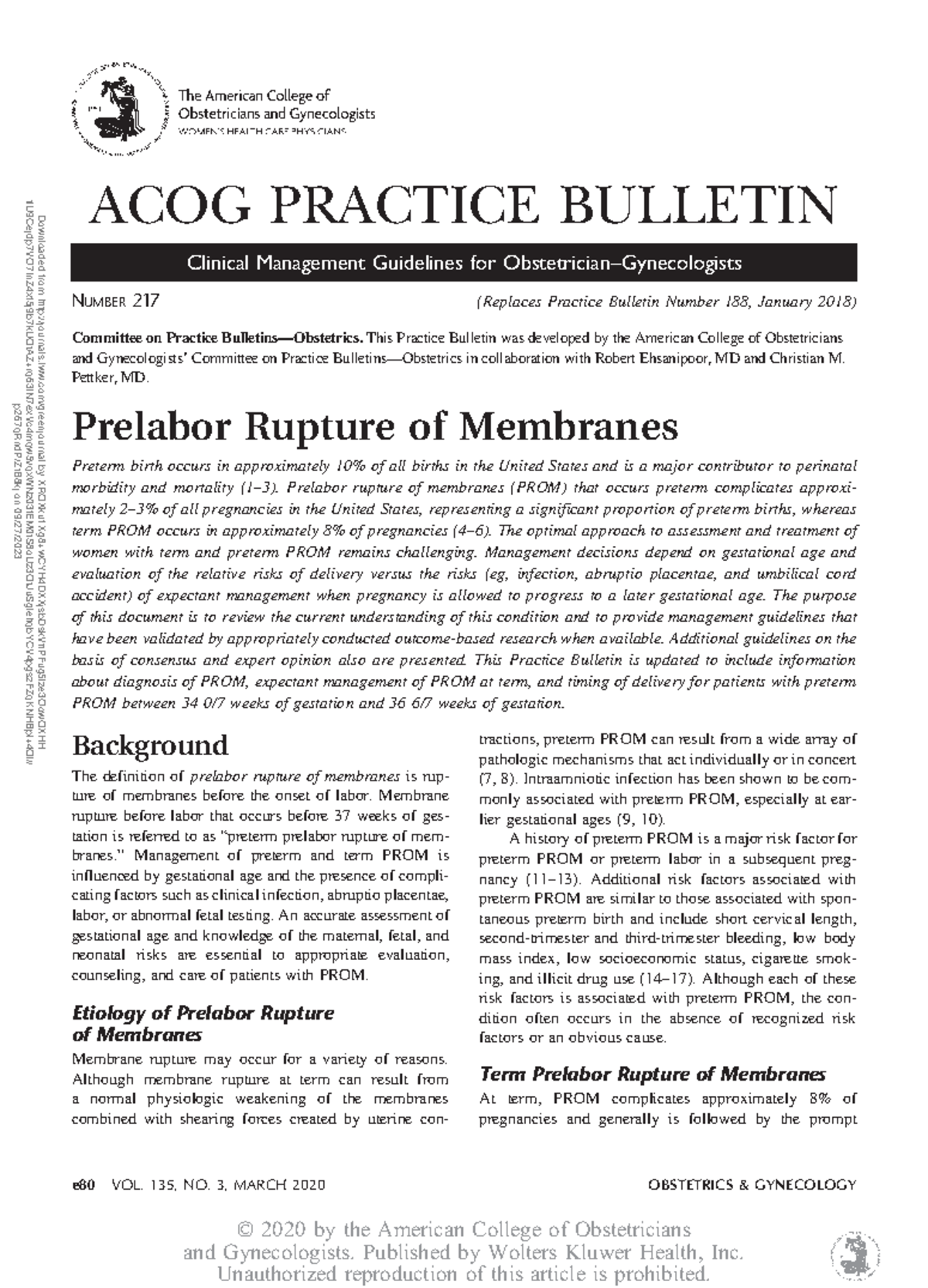 Prelabor rupture of membranes acog practice - ACOG PRACTICE BULLETIN ...