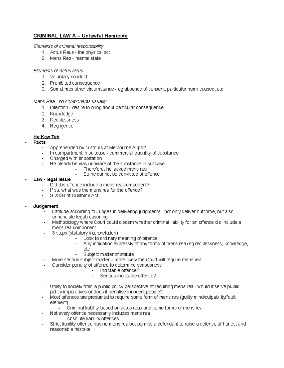 Exam notes from lecture recording - CRIMINAL LAW A – Unlawful Homicide ...
