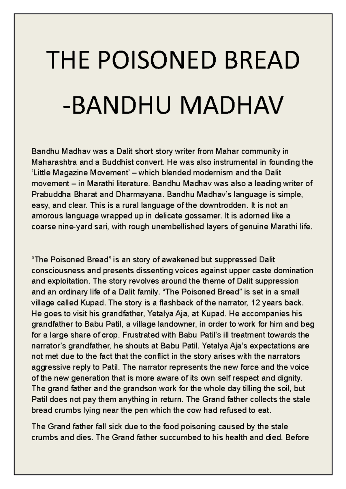 THE Poisoned Bread THE POISONED BREAD BANDHU MADHAV Bandhu Madhav