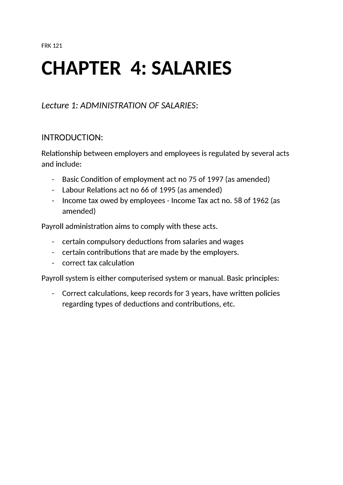 FRK 122 opsommings chapter 4 - FRK 121 CHAPTER 4: SALARIES Lecture 1 ...