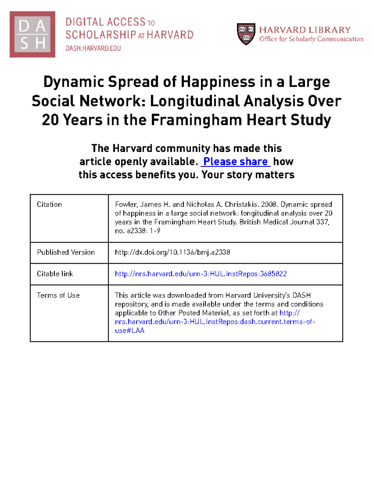 Christakis Dynamic Spread Happiness Supplement Dynamic Spread of