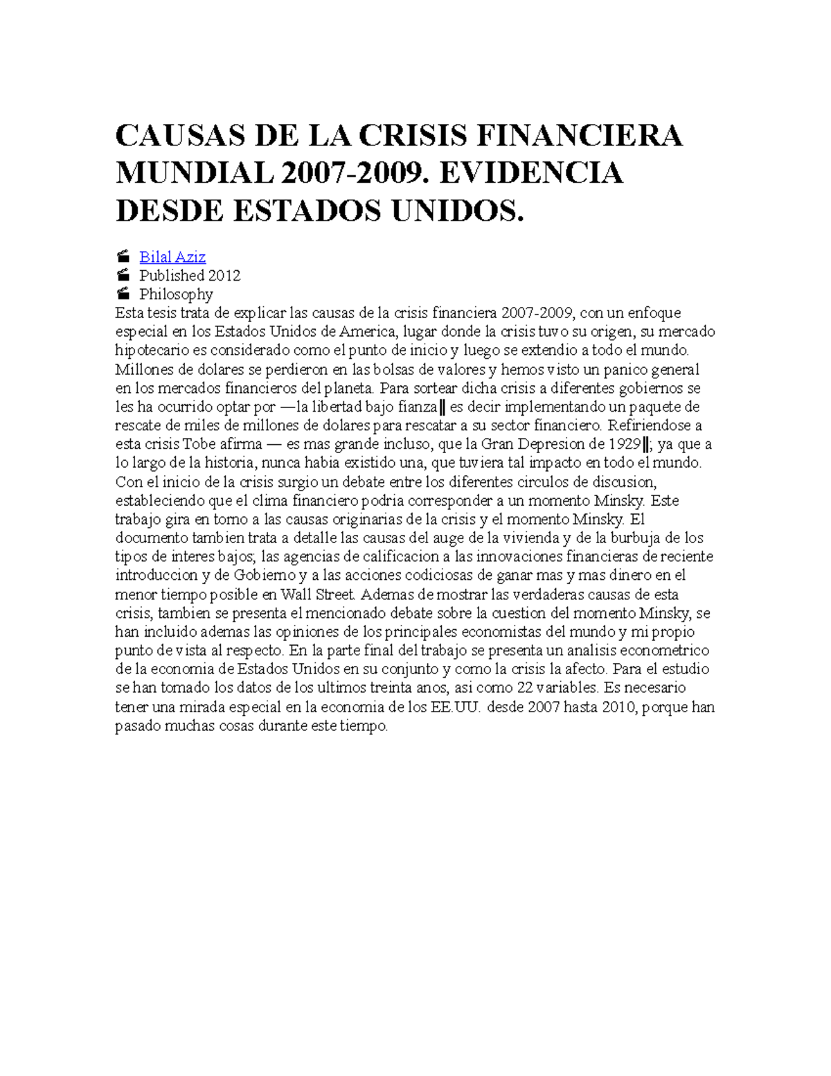 Causas DE LA Crisis Financiera Mundial 2007 - CAUSAS DE LA CRISIS ...