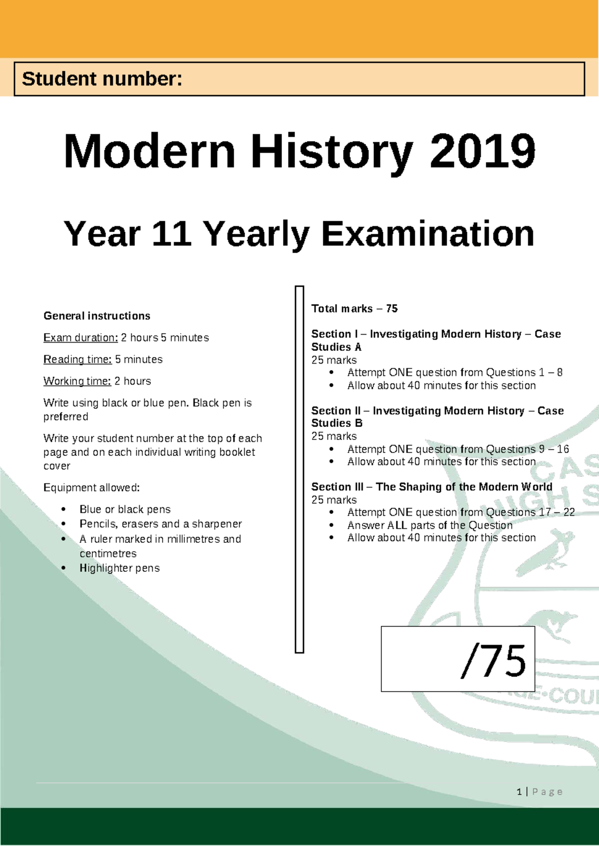 Year 11 Preliminary Modern History Exam Modern History 2019 Year 11 Year 11 Preliminary Modern History Exam Modern History 2019 Year 11
