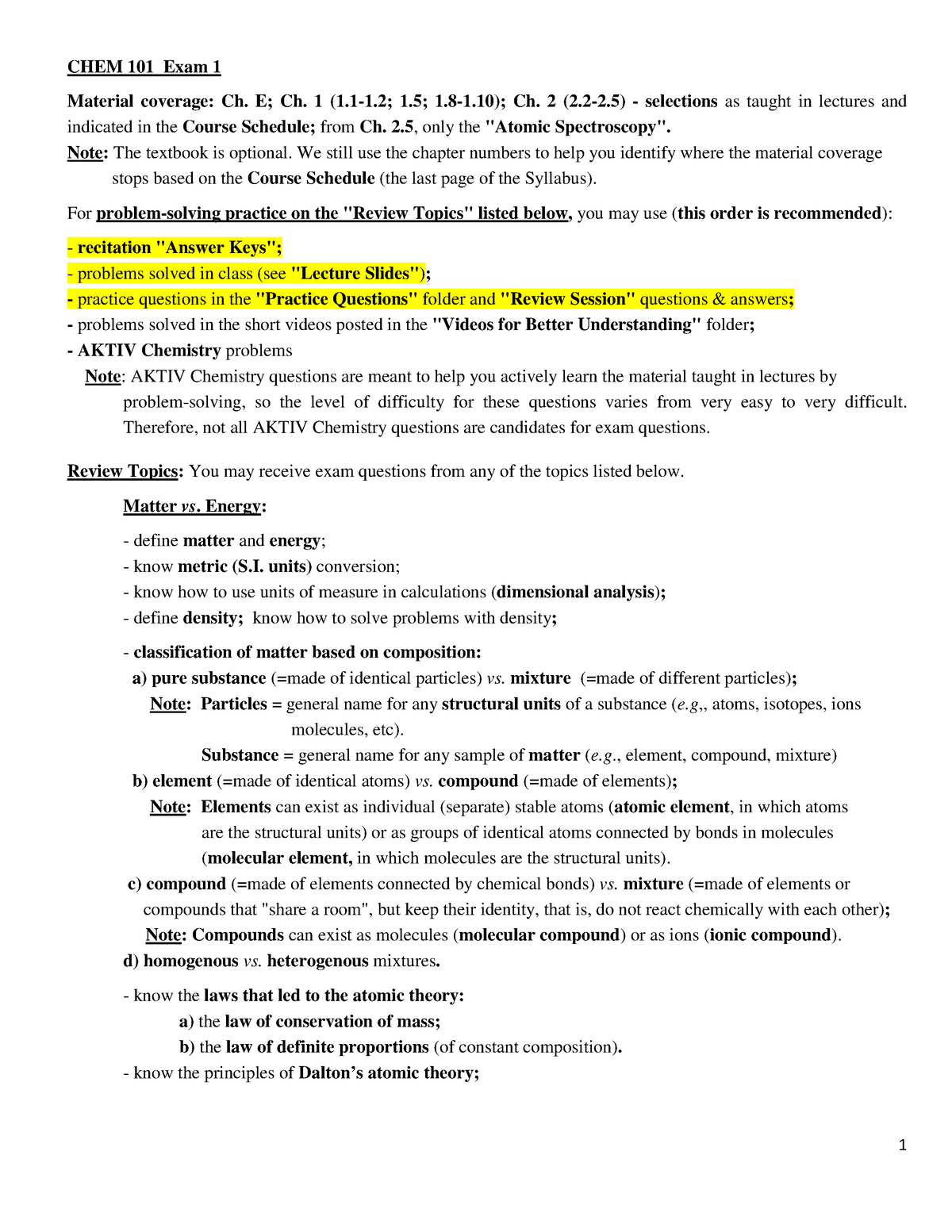 CHEM 101 Exam I Review Topics - 1 CHEM 101 Exam 1 Material Coverage: Ch ...