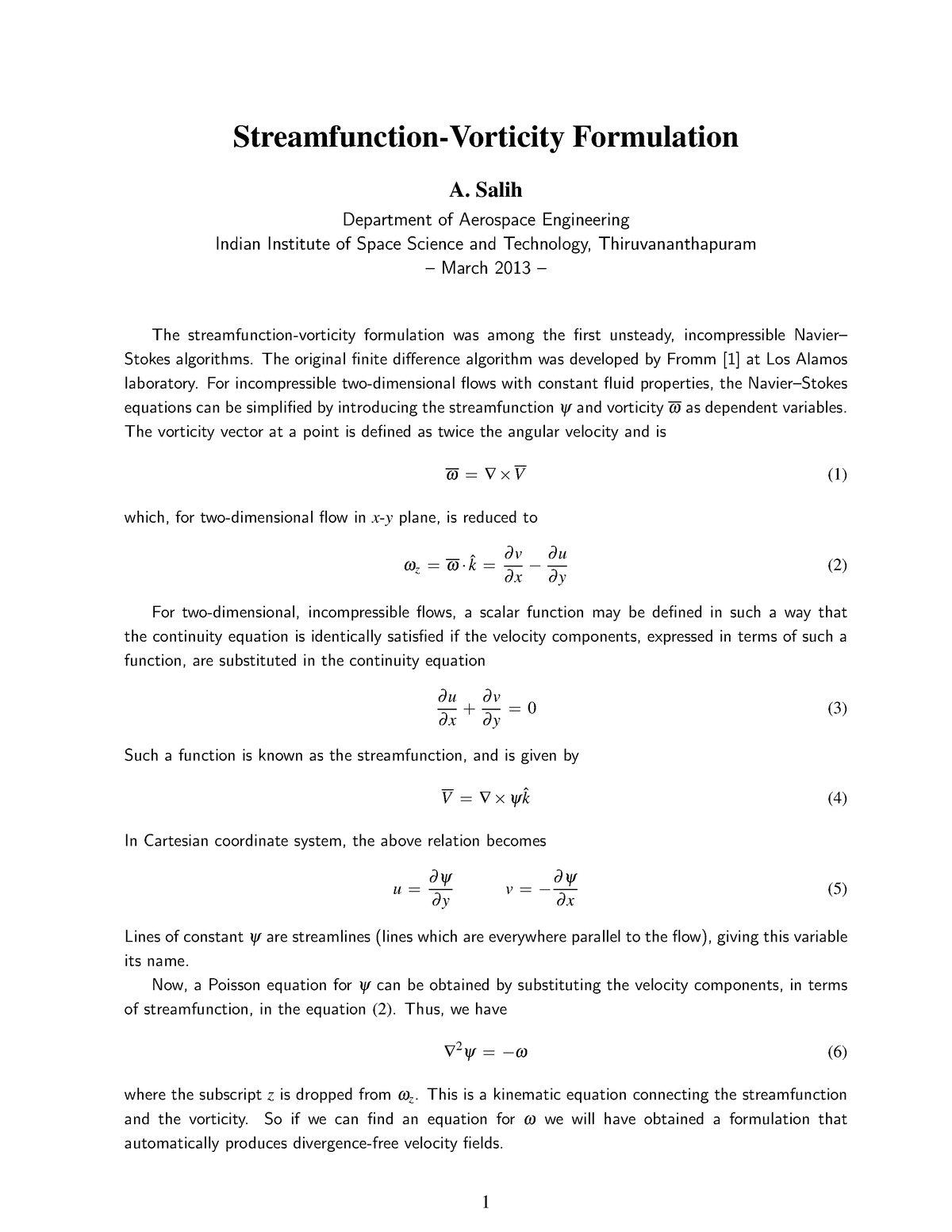 Psi-omega - Streamfunction-Vorticity Formulation A. Salih Department of ...