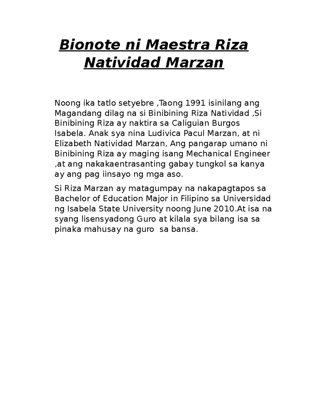 Bionote ni Maestra Riza Natividad Marzan - Bionote ni Maestra Riza ...