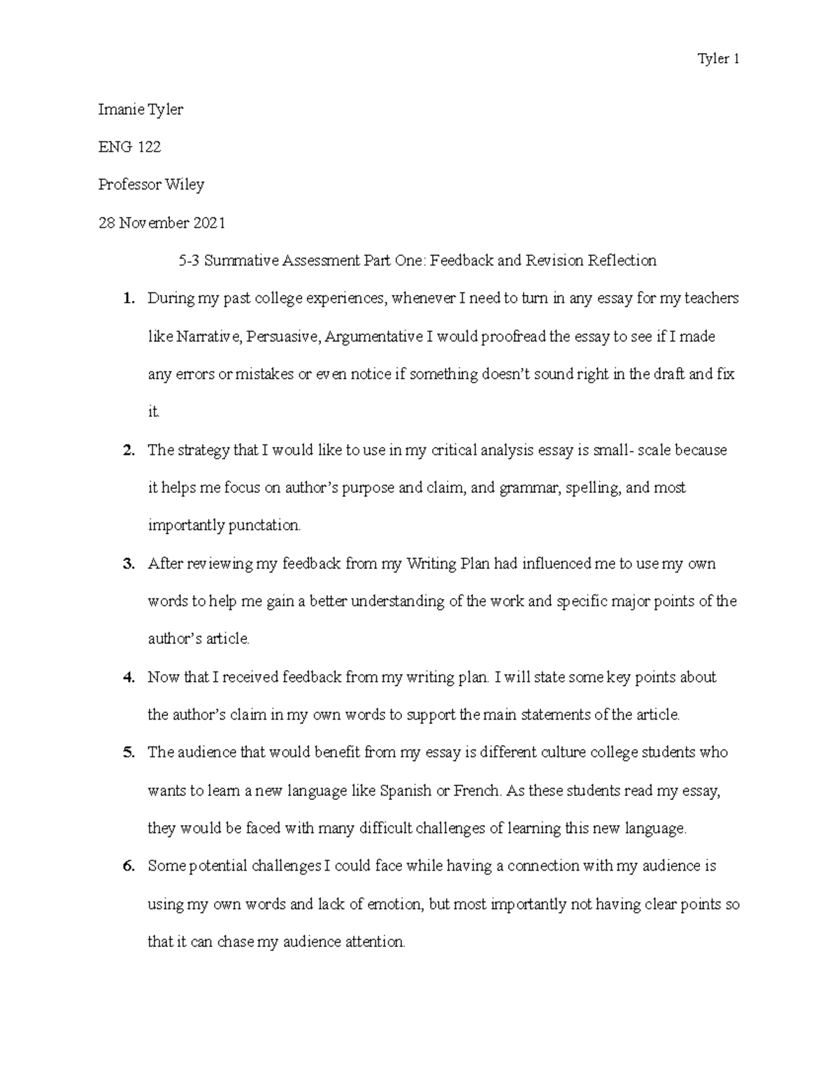 Feedback and Revision Reflection - Tyler 1 Imanie Tyler ENG 122 ...