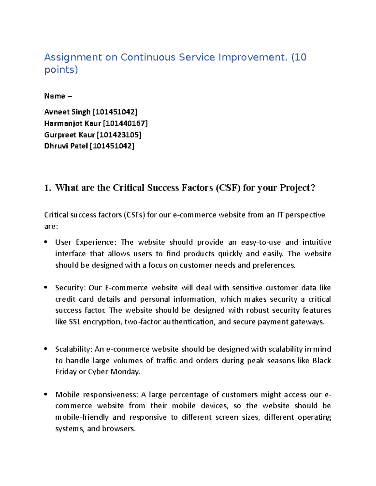 Assignment on Continuous Service Improvement for site