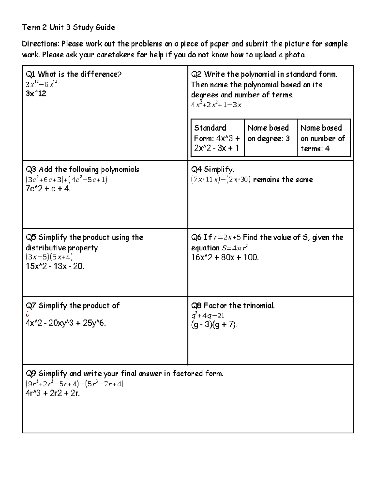 Copy of Unit 3 Study Guide - Term 2 Unit 3 Study Guide Directions ...