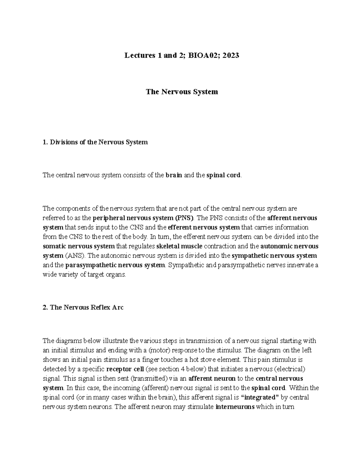 BIOA01 Notes nervous system - Lectures 1 and 2; BIOA02; 2023 The ...
