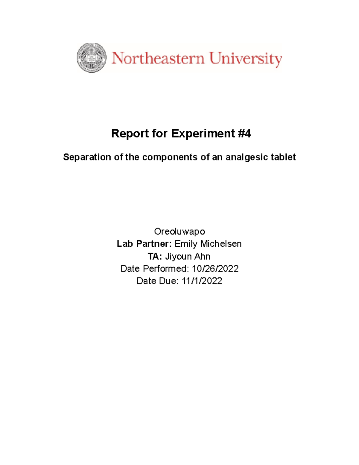 Organic Chemistry LAB 4 Report for Experiment Separation of the