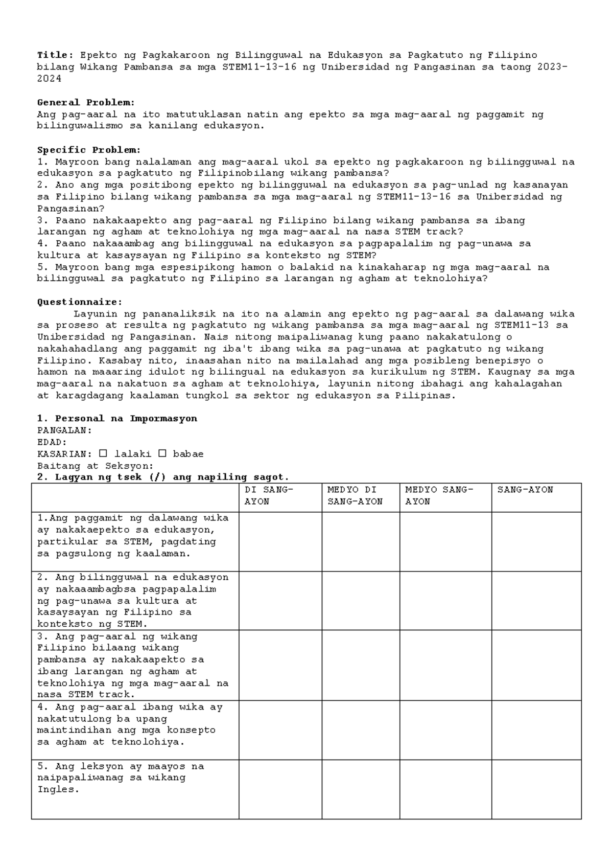 Research Questionnaire Form 1 - Title: Epekto ng Pagkakaroon ng ...