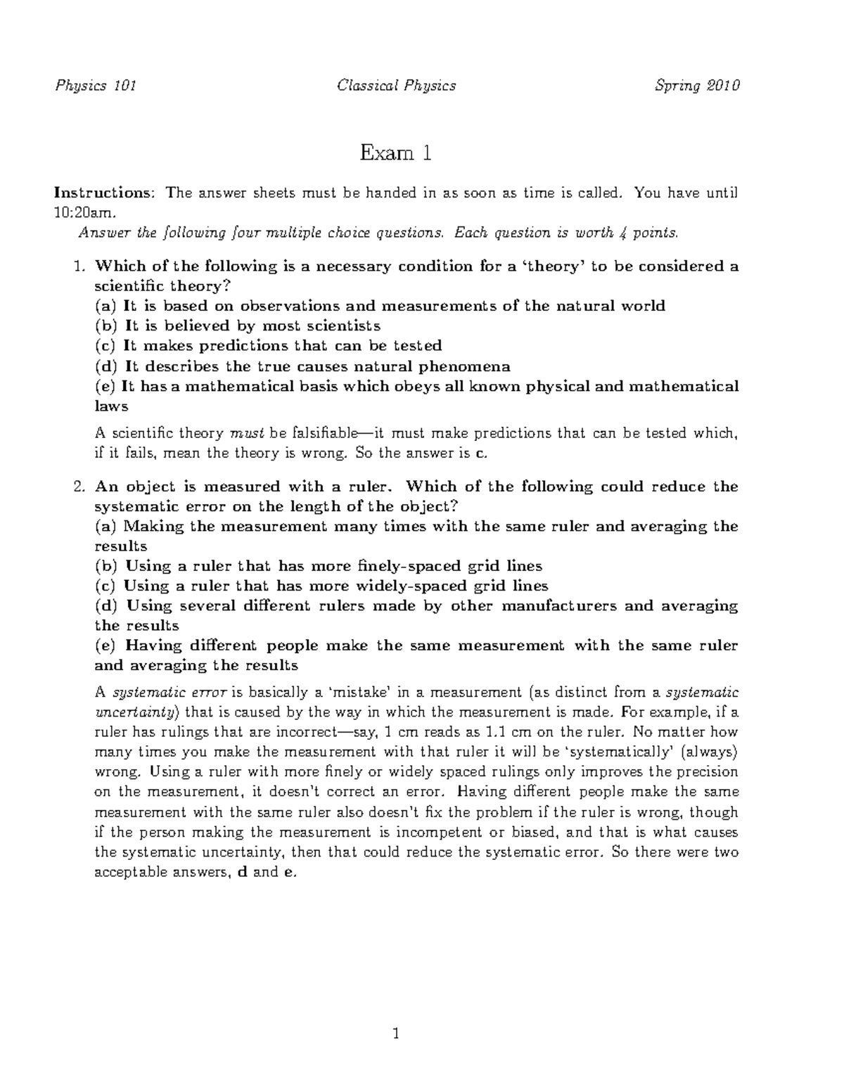 Exam1 sp10 sol - Exam 1 Practice Question solutions - Physics 101 ...
