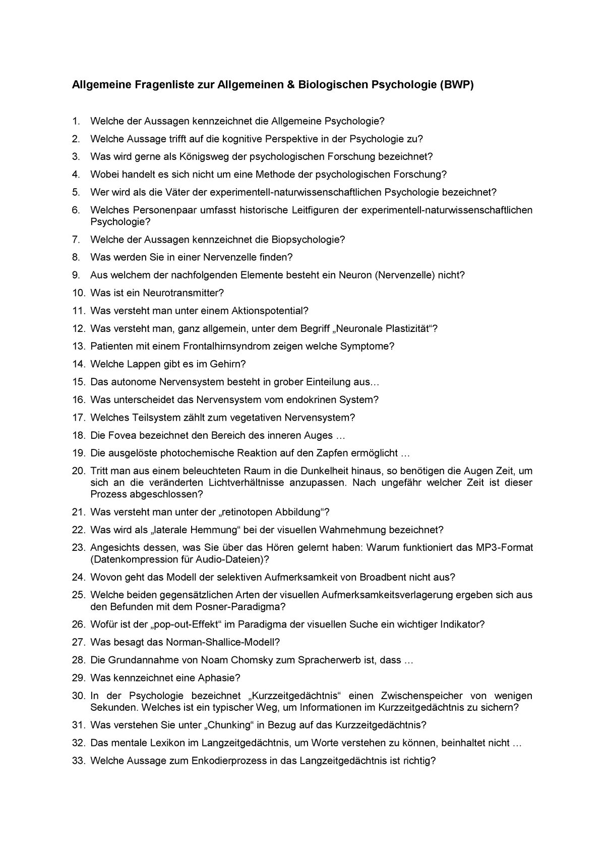 Fragenliste Allgemeine Biopsychologie - Allgemeine Fragenliste Zur ...