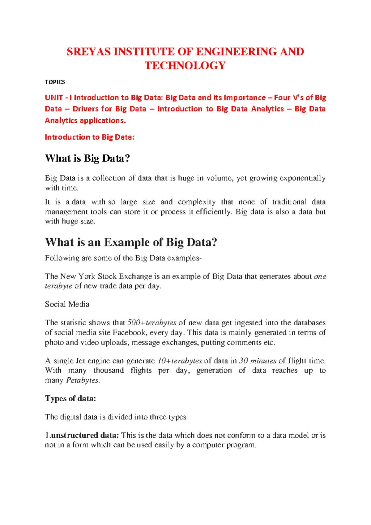 Big Data Unit 1 Notes - Big data u1 - SREYAS INSTITUTE OF ENGINEERING ...