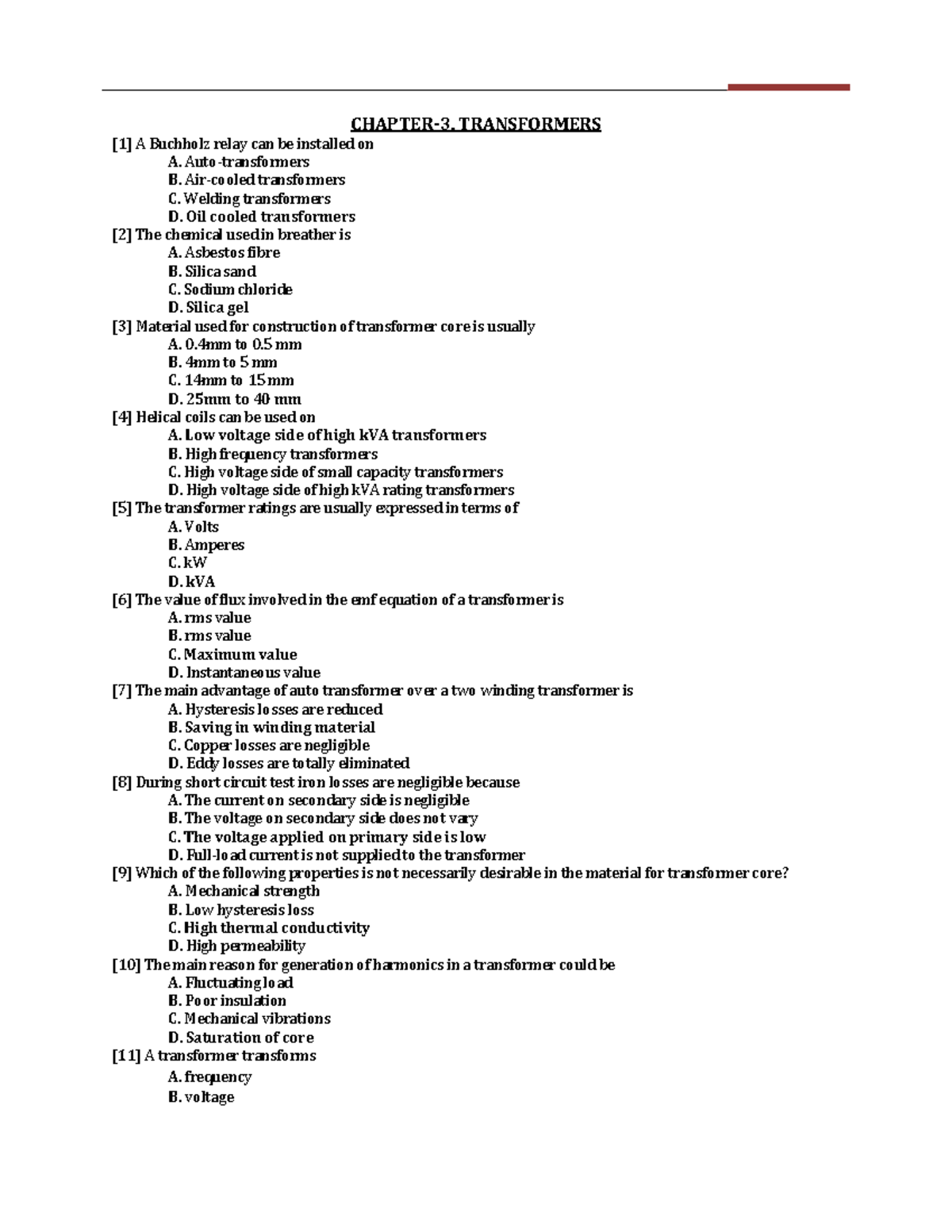 Transformers-MCQs-PDF - CHAPTER- 3. TRANSFORMERS [ 1 ] A Buchholz Relay ...